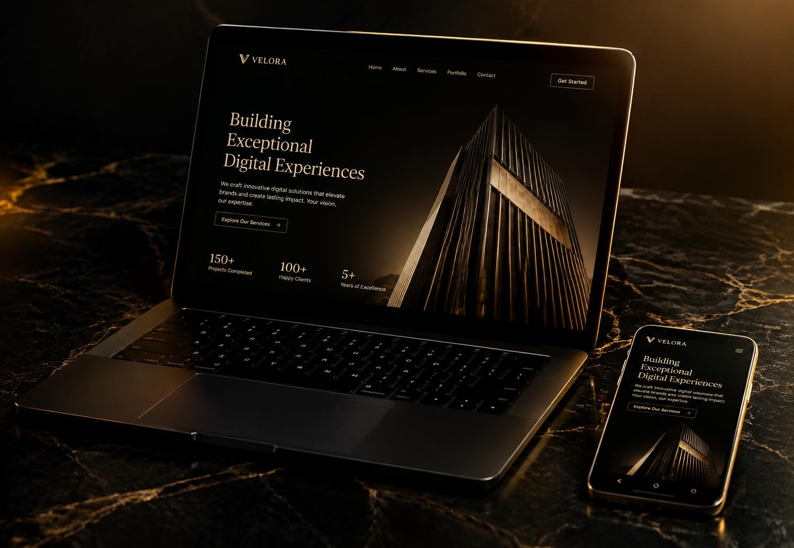 Página web profesional mostrada en una computadora portátil y un teléfono móvil